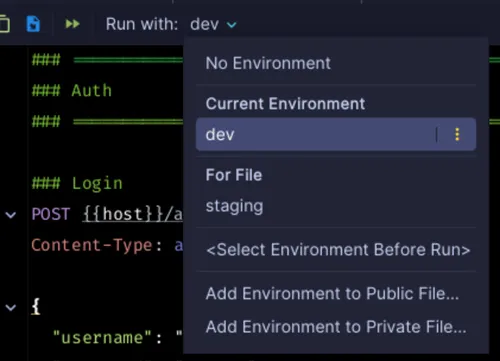 Sélection de l'environnement dans le dropdown Run with du client HTTP JetBrains