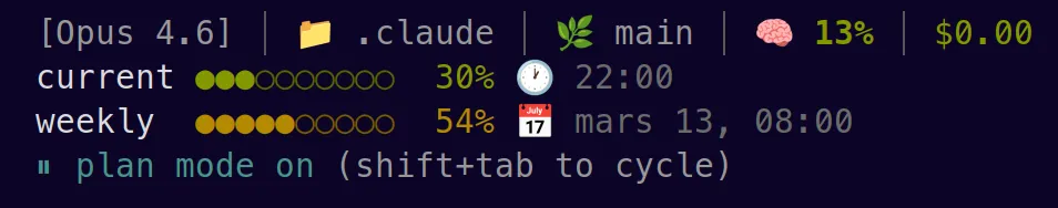 Claude Code en plan mode - la status bar affiche 'plan mode on' après avoir appuyé sur Shift+Tab